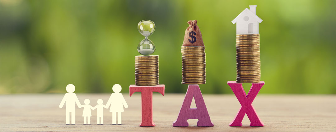 Tax law and asset protection: symbolic image of coins, house, and family figures.